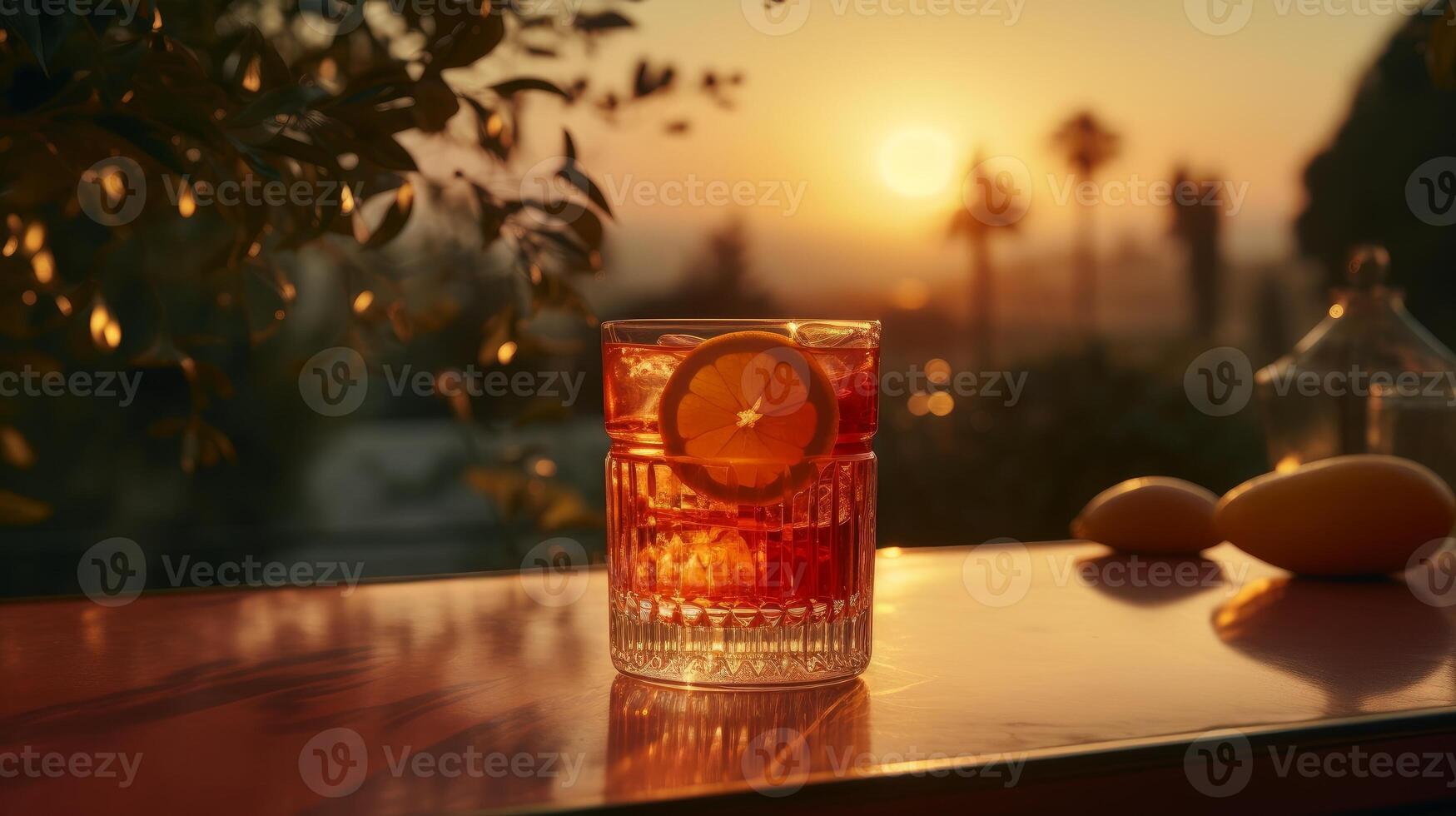 Glass of cocktail on the sunset photo