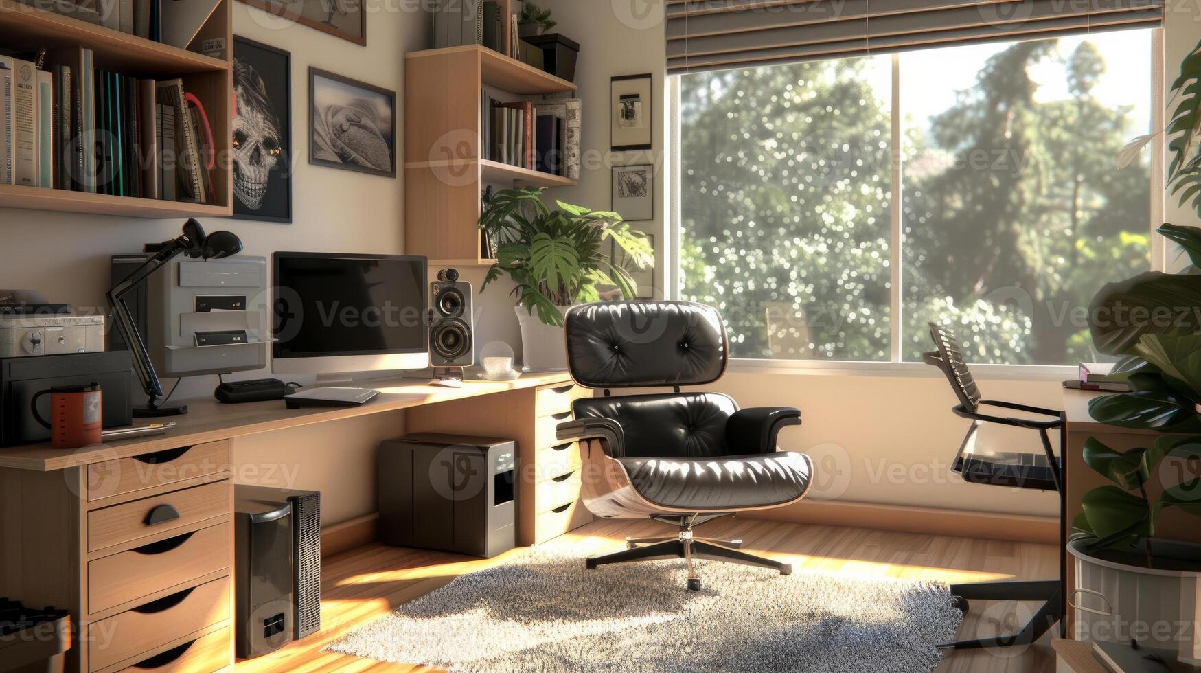 Stylish and modern home office setup with natural light and green plants, showcasing a comfortable and productive remote work environment photo