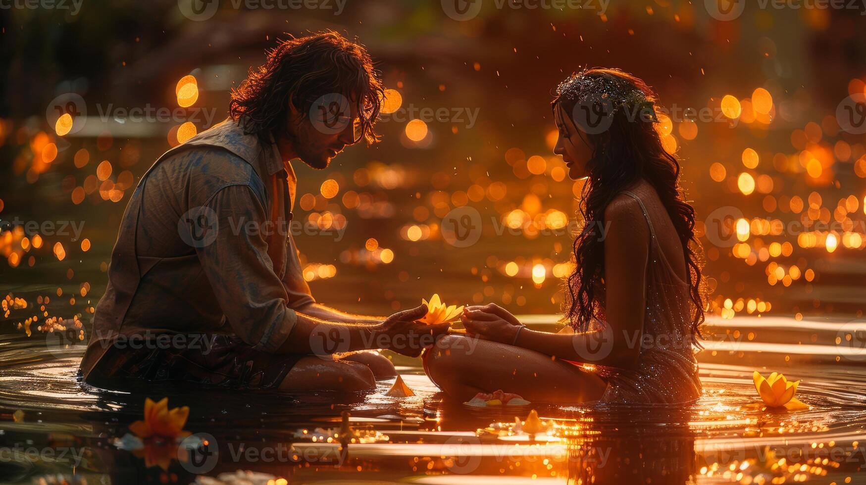 A magical garden setting where a couple sitting together amidst blooming flowers, fairy lights, and a tranquil pond photo