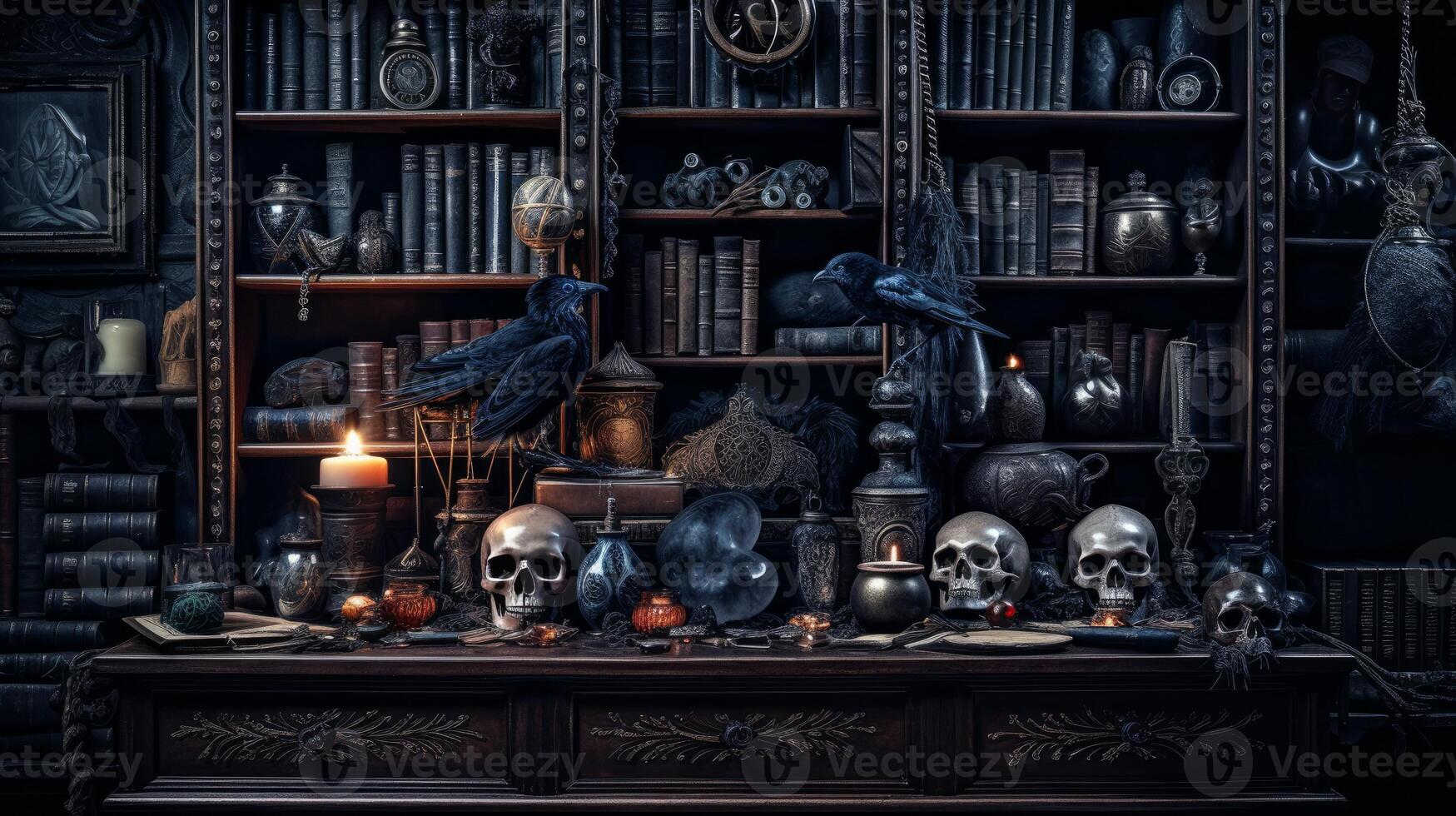 Dark gothic bookshelf with scull and crows photo