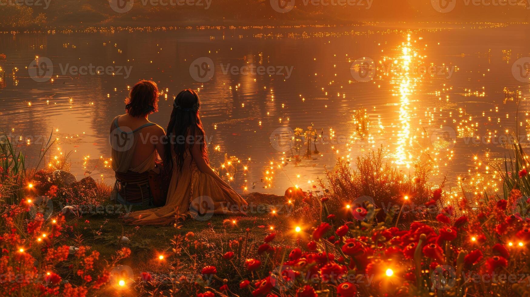 A magical garden setting where a couple sitting together amidst blooming flowers, fairy lights, and a tranquil pond photo
