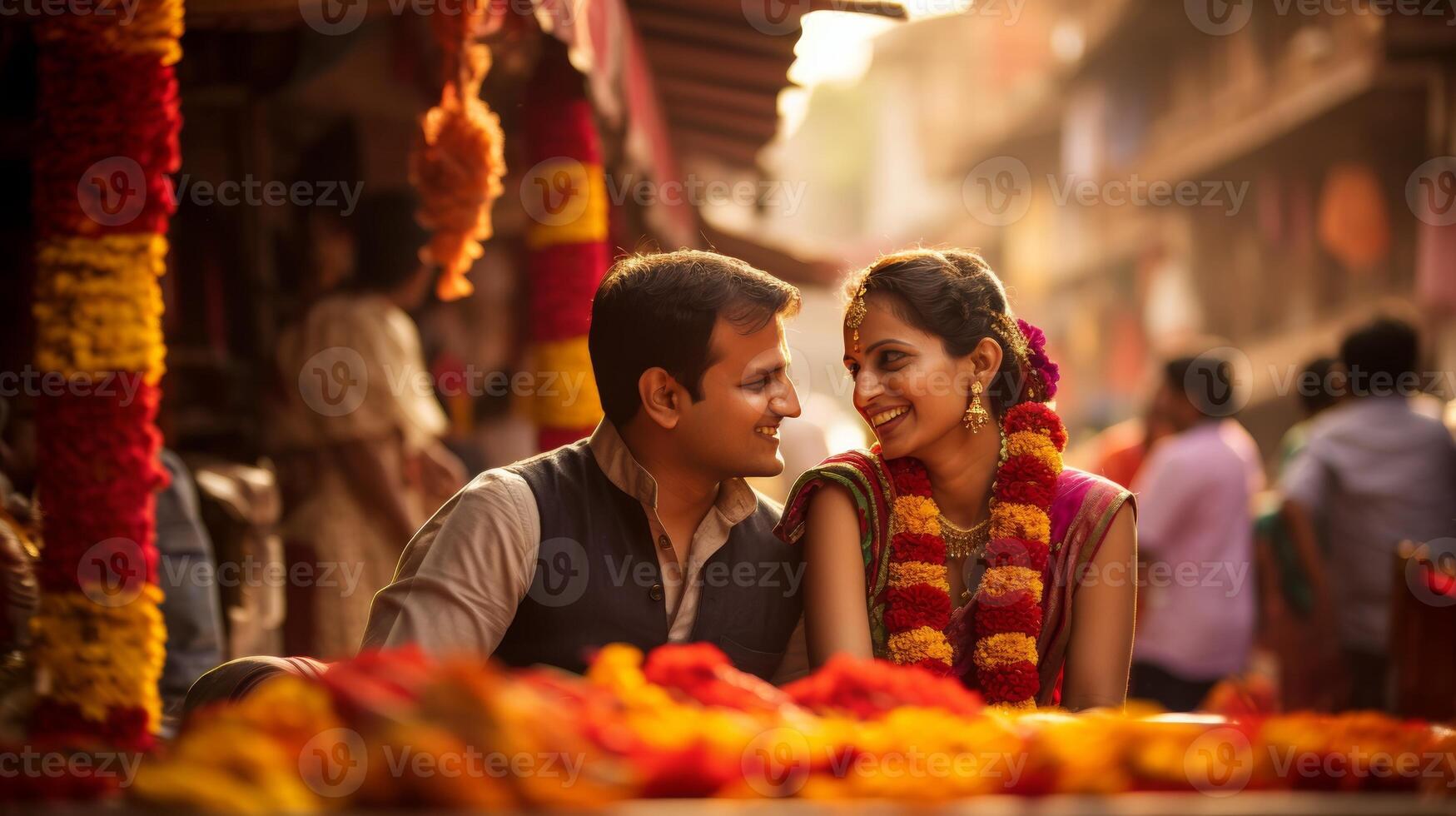 A couple immersed in a vibrant cultural festival, with colorful decorations and traditional costumes photo