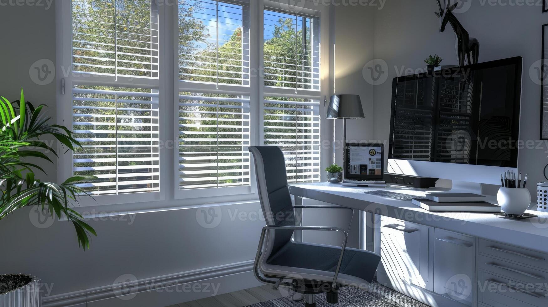 Stylish and modern home office setup with natural light and green plants, showcasing a comfortable and productive remote work environment photo