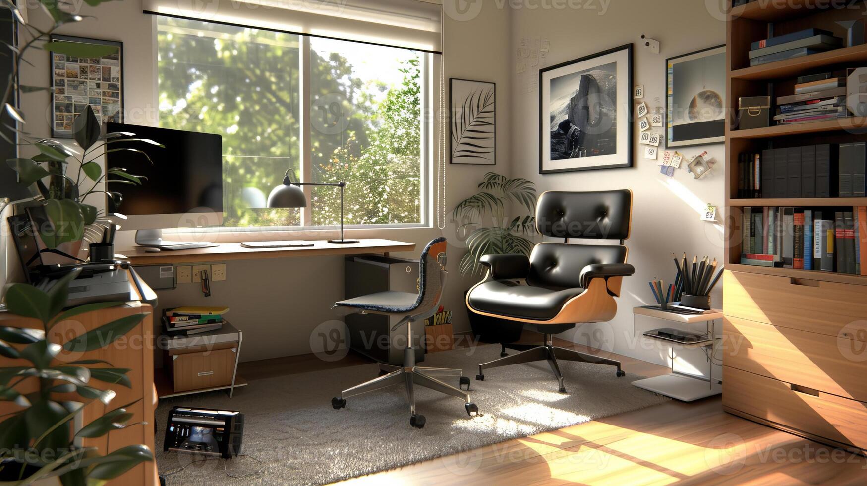 Stylish and modern home office setup with natural light and green plants, showcasing a comfortable and productive remote work environment photo
