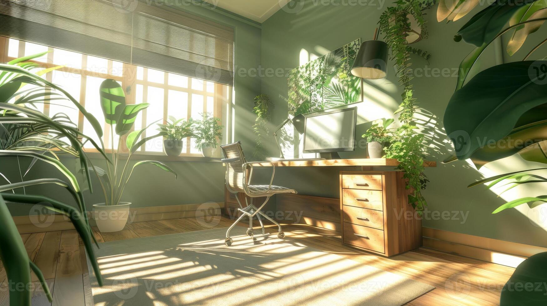 Stylish and modern home office setup with natural light and green plants, showcasing a comfortable and productive remote work environment photo
