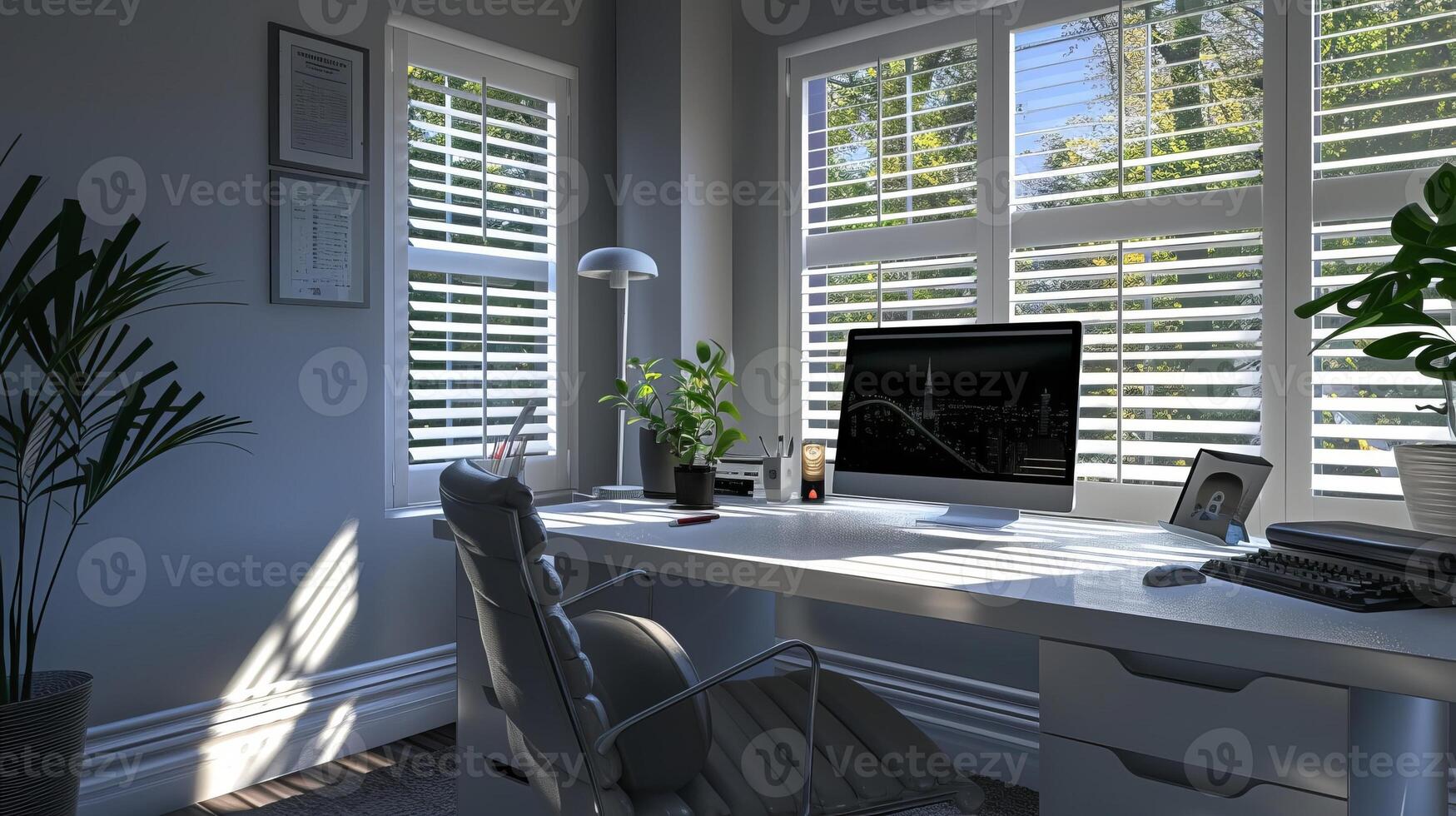 Stylish and modern home office setup with natural light and green plants, showcasing a comfortable and productive remote work environment photo