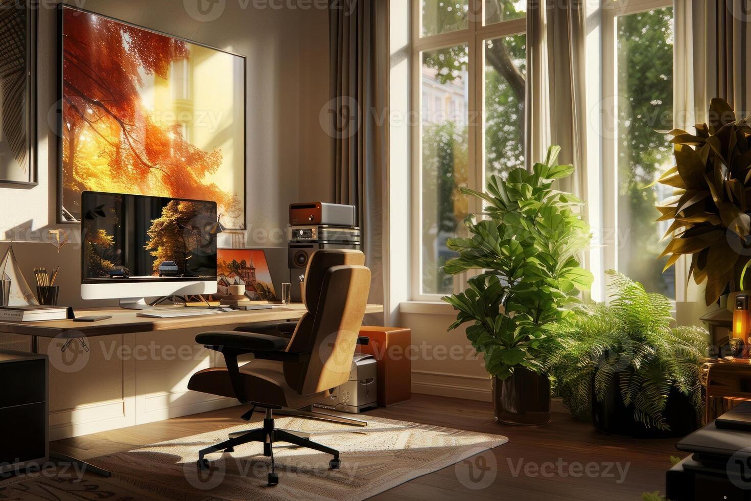 Stylish and modern home office setup with natural light and green plants, showcasing a comfortable and productive remote work environment photo
