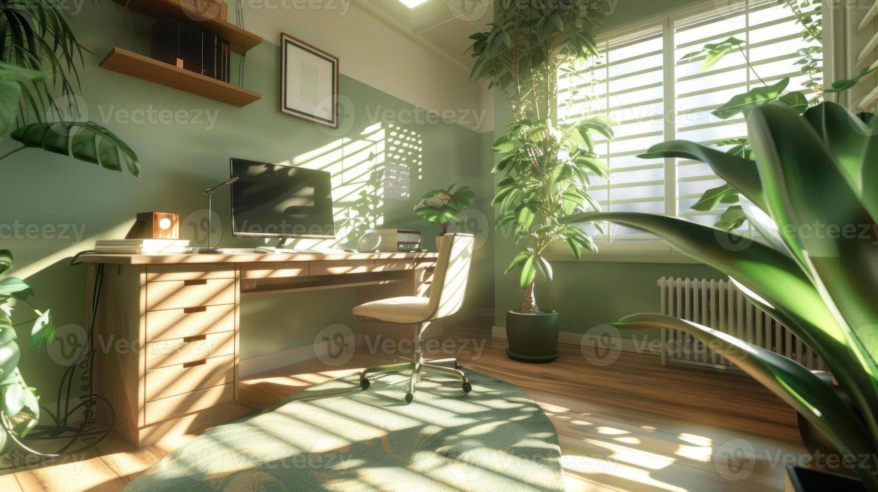 Stylish and modern home office setup with natural light and green plants, showcasing a comfortable and productive remote work environment photo