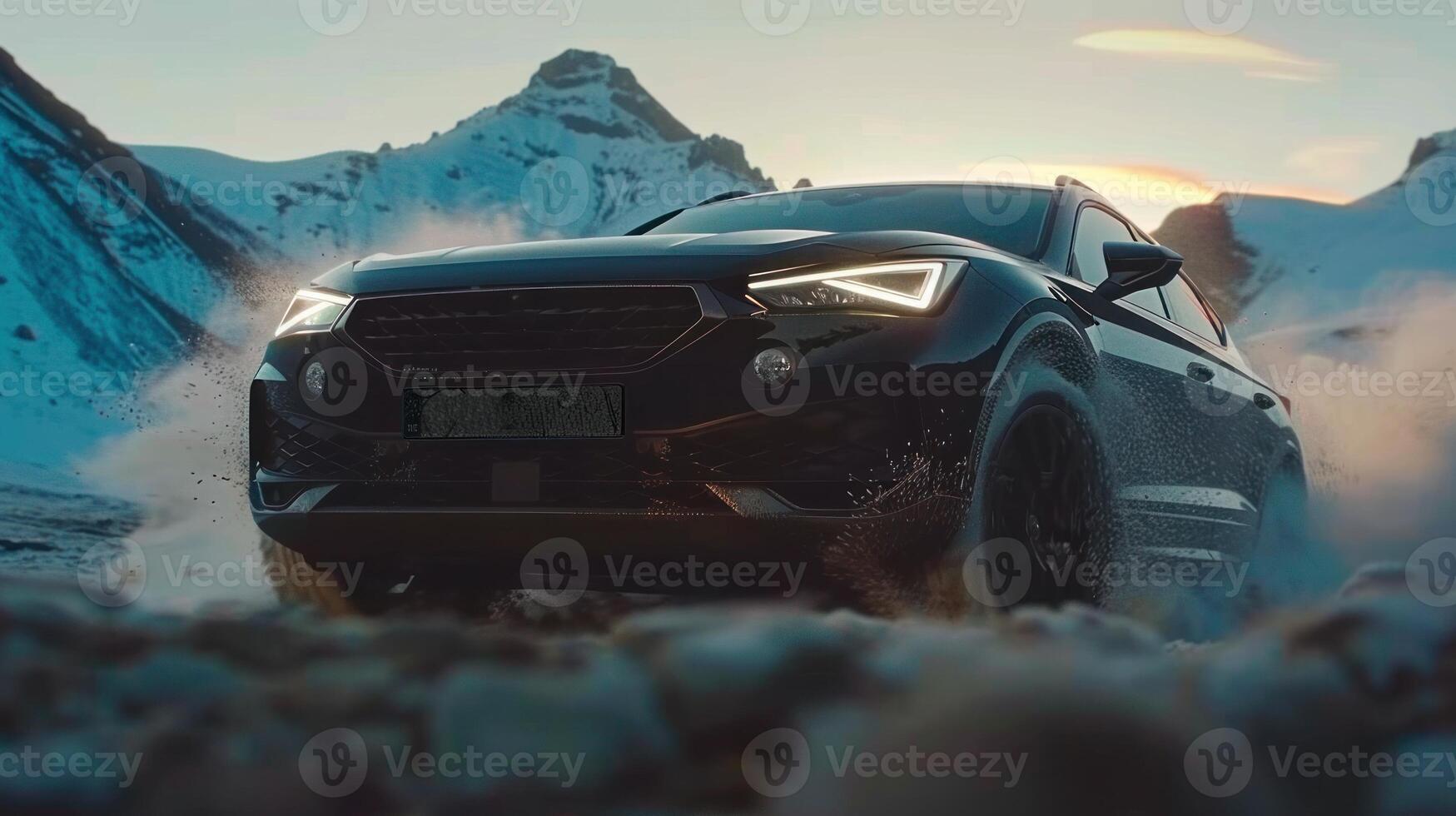 Seat Arona small black SUV car in european mountain landscape road at sunset photo