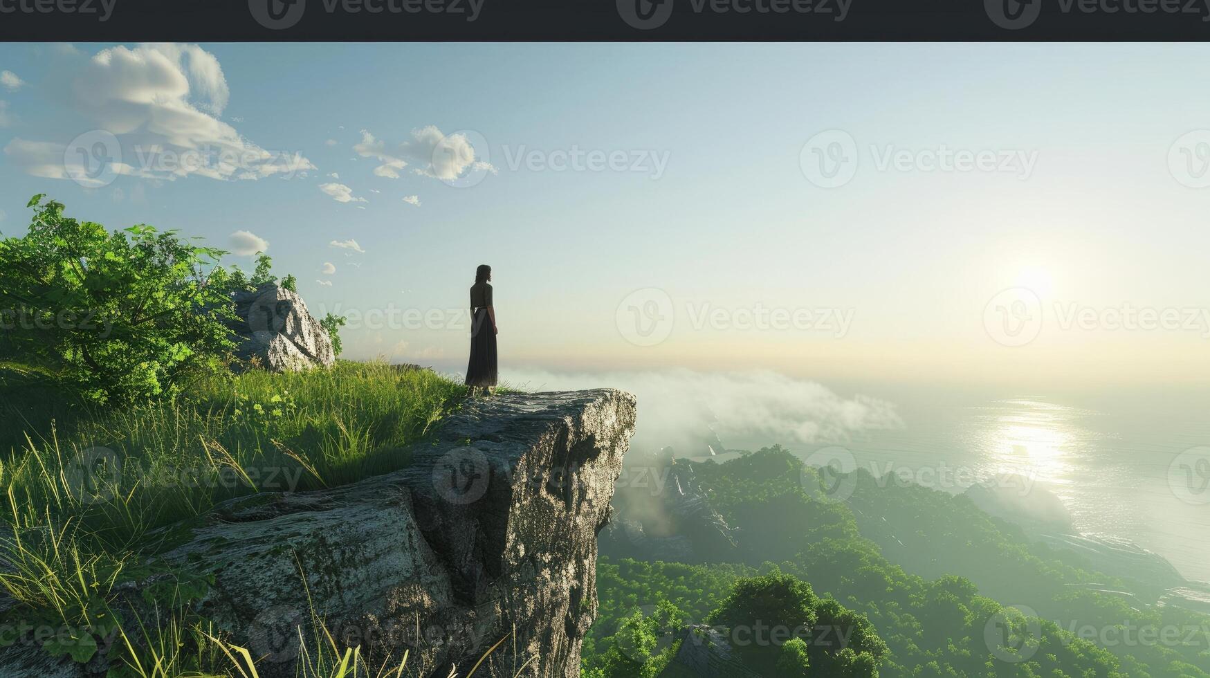 A person standing at the edge of a cliff, overlooking a majestic landscape photo