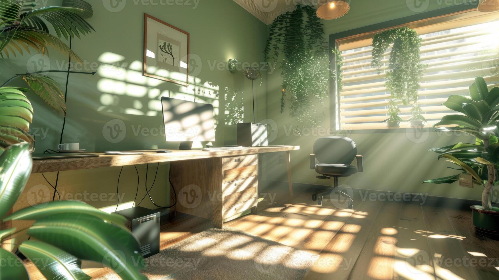 Stylish and modern home office setup with natural light and green plants, showcasing a comfortable and productive remote work environment photo