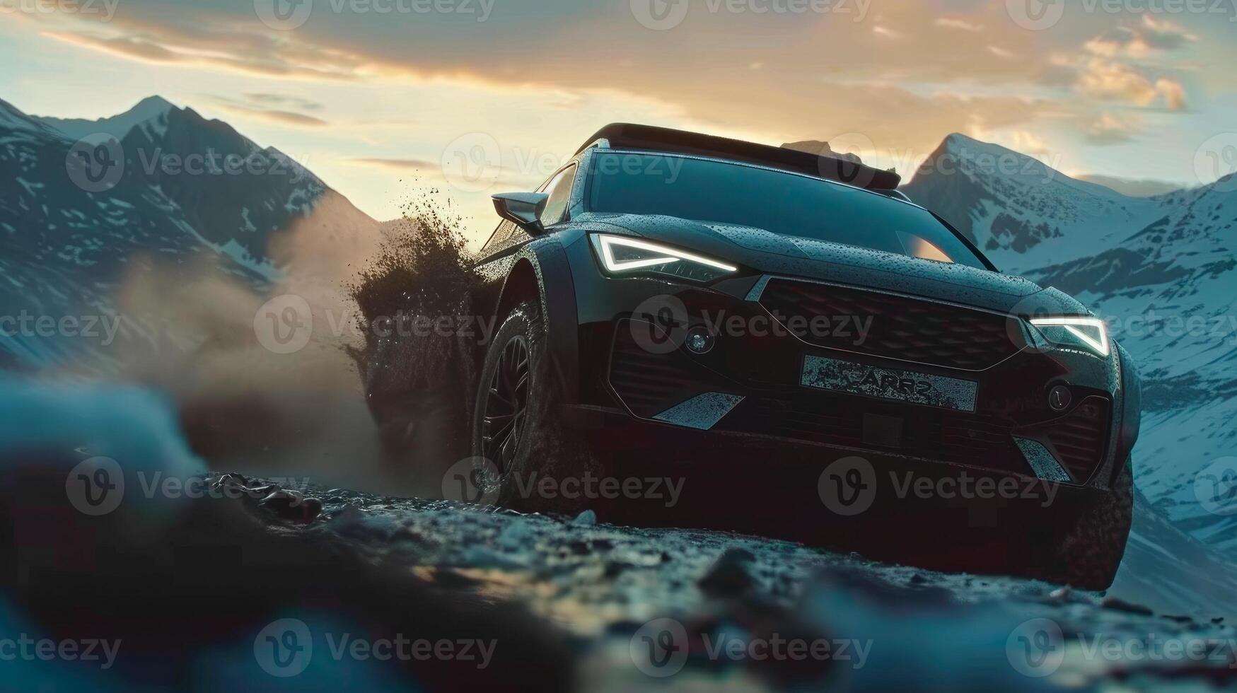 Seat Arona small black SUV car in european mountain landscape road at sunset photo