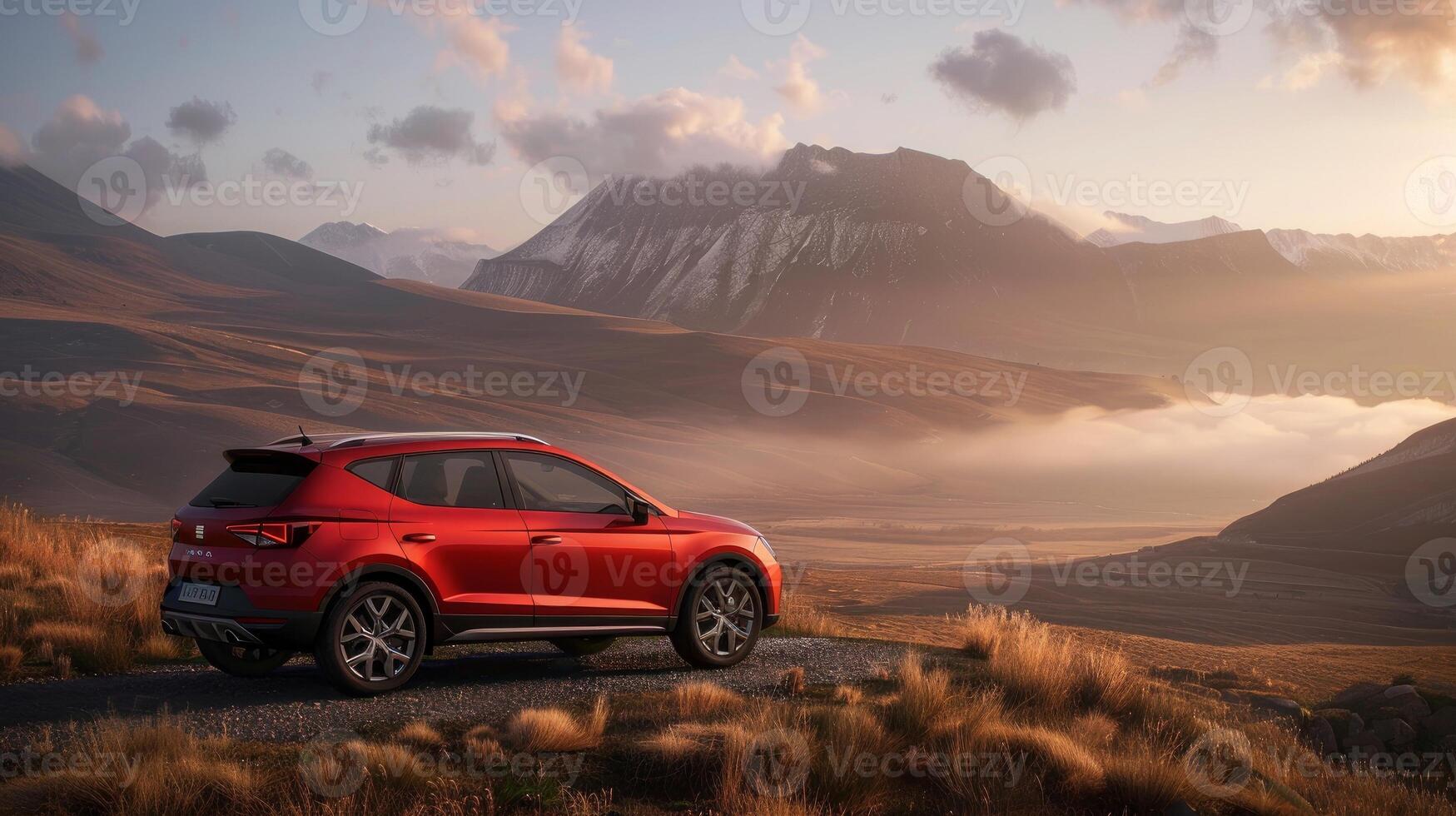 Seat Arona small red SUV car in european mountain landscape road at sunset photo