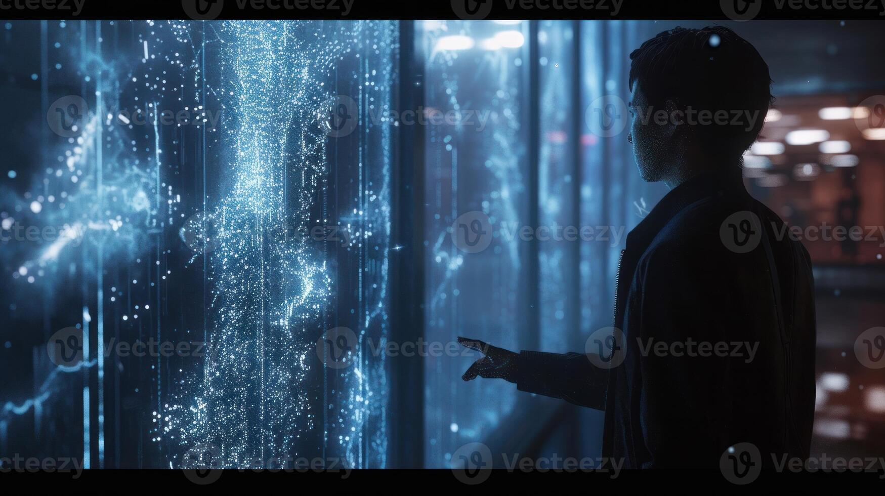 Futuristic yet realistic image of a human interacting with advanced AI technology photo