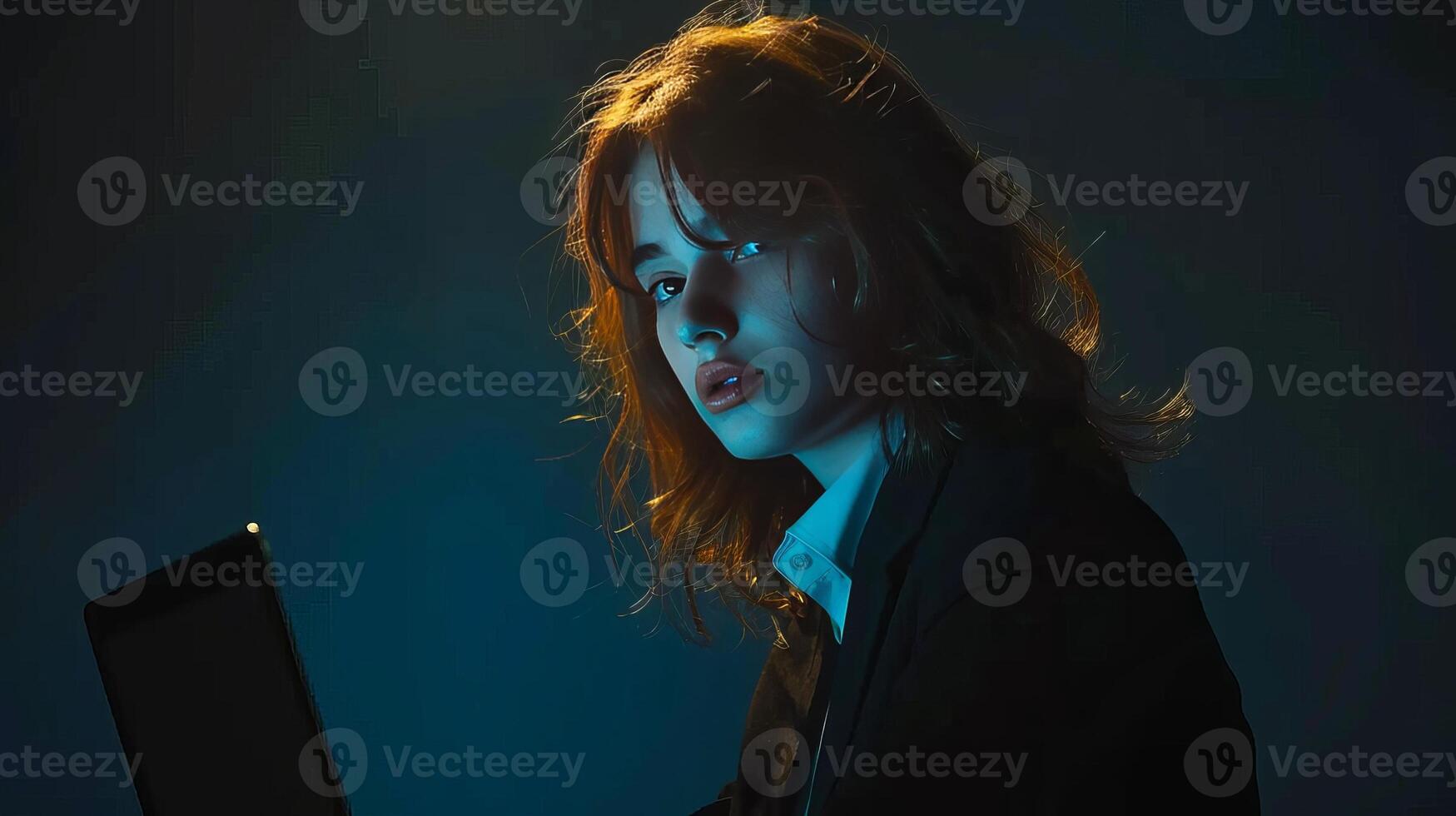 Attractive young woman in formal suit, using laptop computer having conversation on call photo
