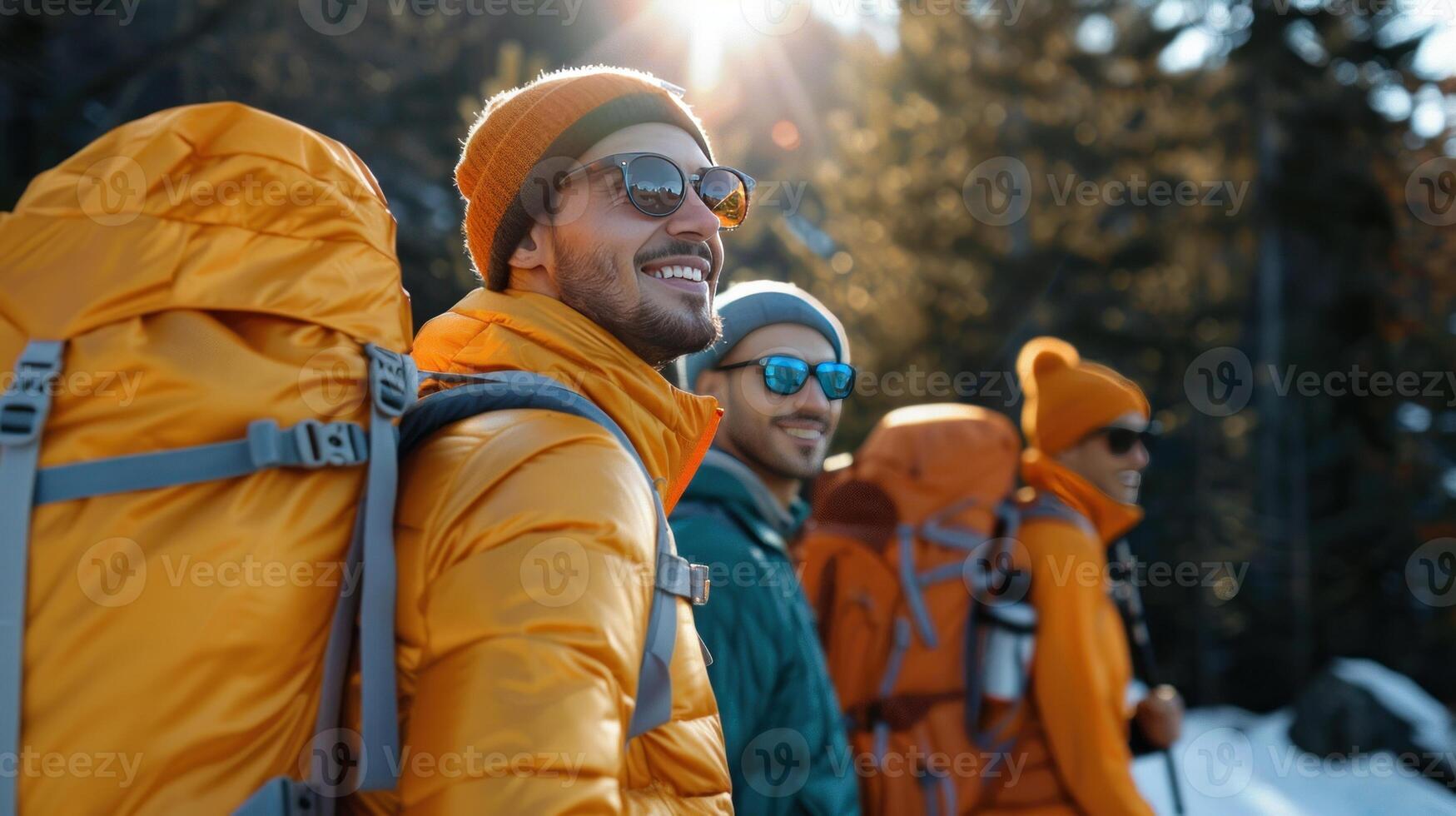 Happy man with friends with backpack for hiking mountain, travel or sightseeing photo