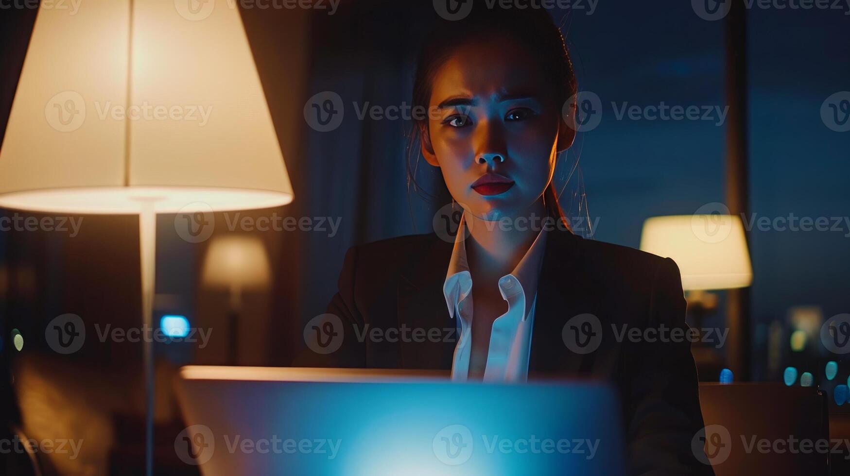 Attractive young woman in formal suit, using laptop computer having conversation on call photo
