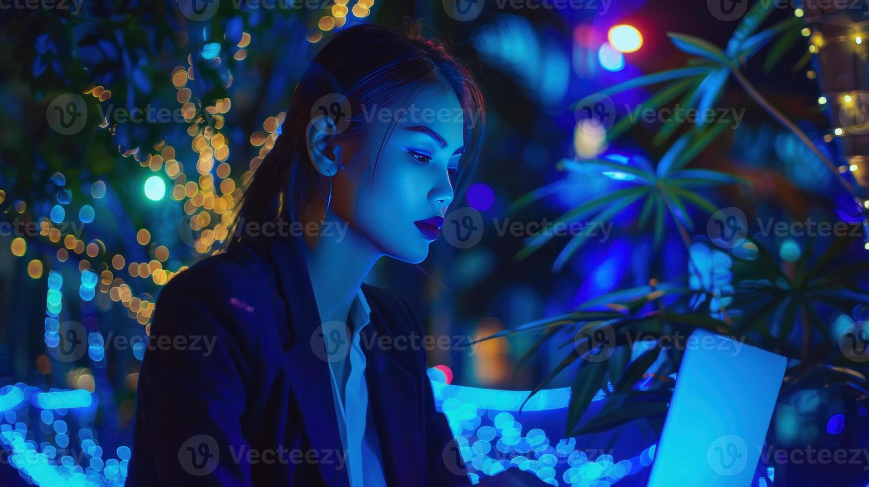 Attractive young woman in formal suit, using laptop computer having conversation on call photo