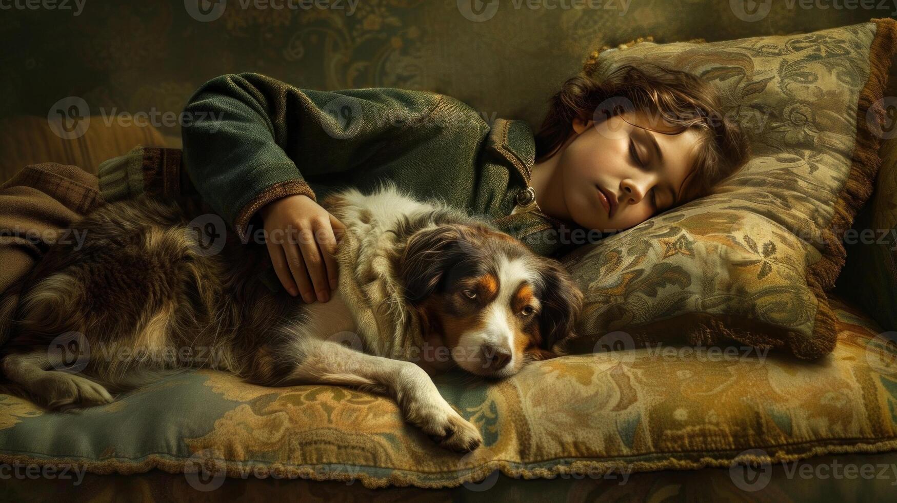 A boy peacefully sleeping with his dog photo