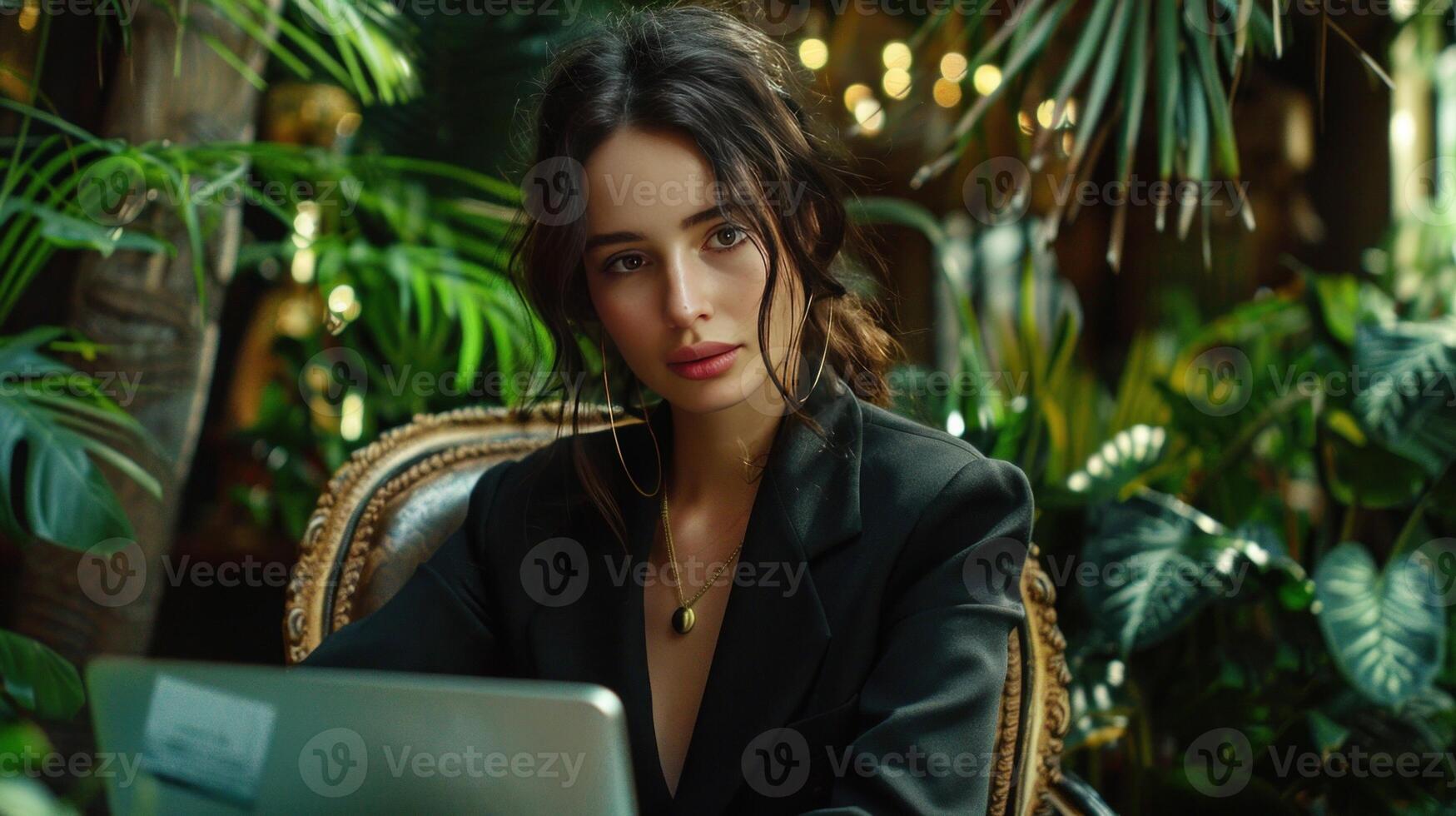 Attractive young woman in formal suit, using laptop computer having conversation on call photo