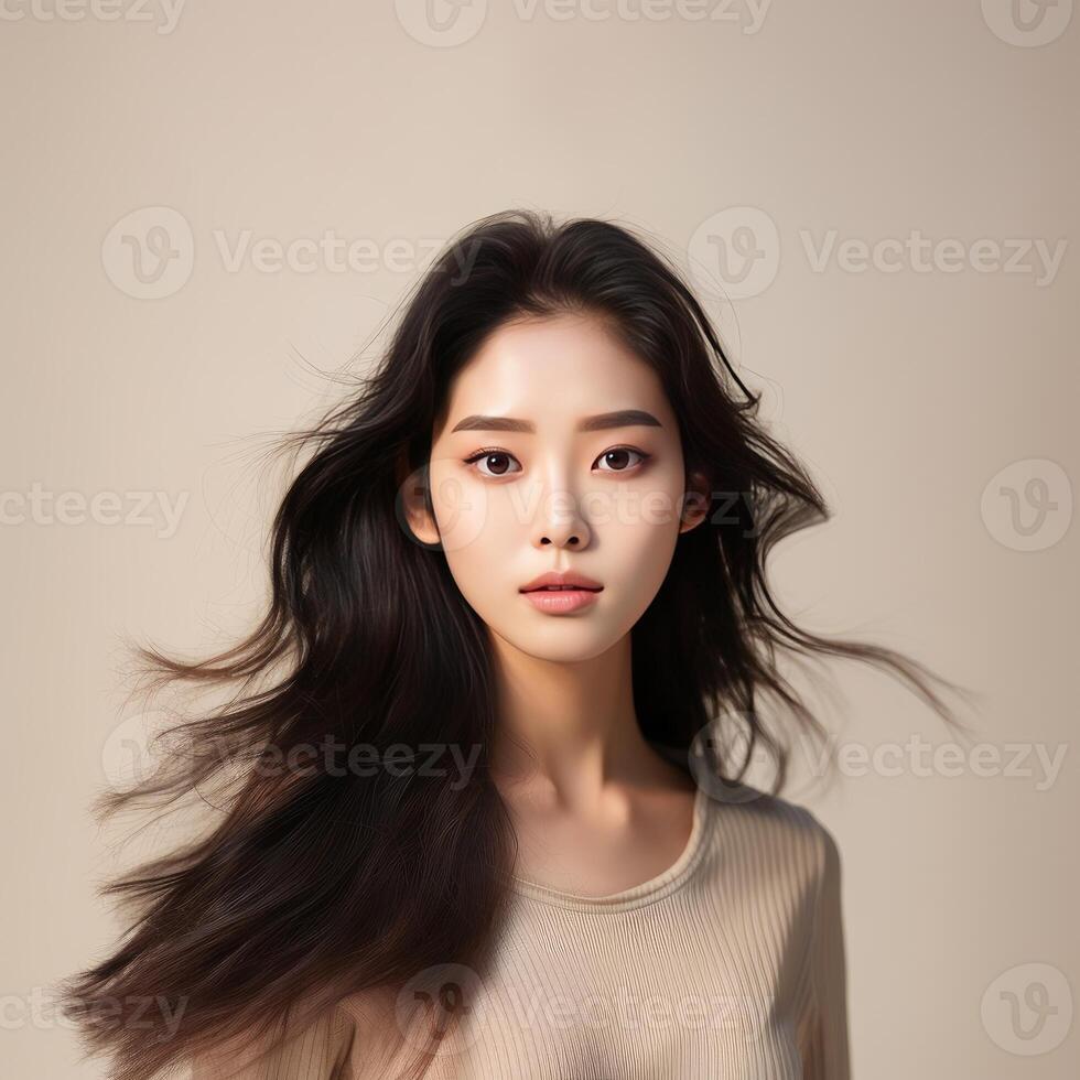 Young beautiful asian female model with long hair on the neutral background photo