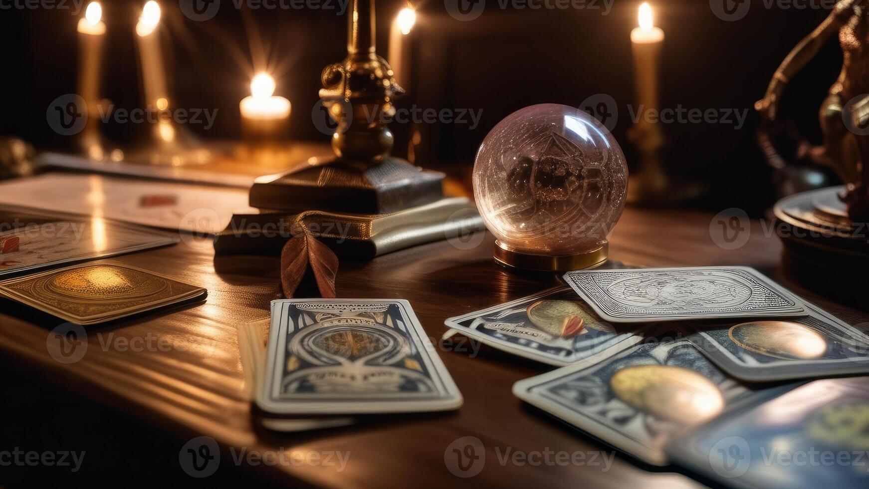 Close up shot of tarot cards and magic crystal ball photo