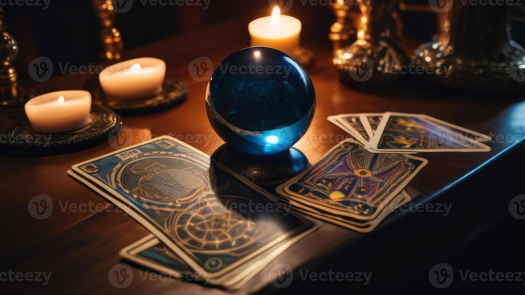 Close up shot of tarot cards and magic crystal ball photo