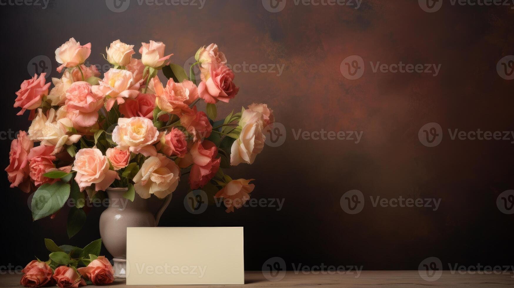 A bouquet of beautiful flowers in a vase on the table next to a blank card photo