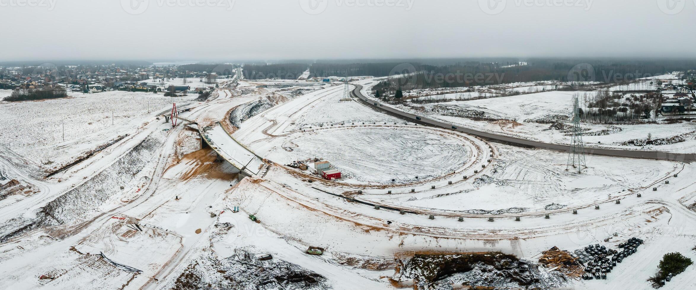 Aerial view of Road construction of Kekava Bypass, a new section of A7 Riga Bauska and part of E67 Via Baltica photo