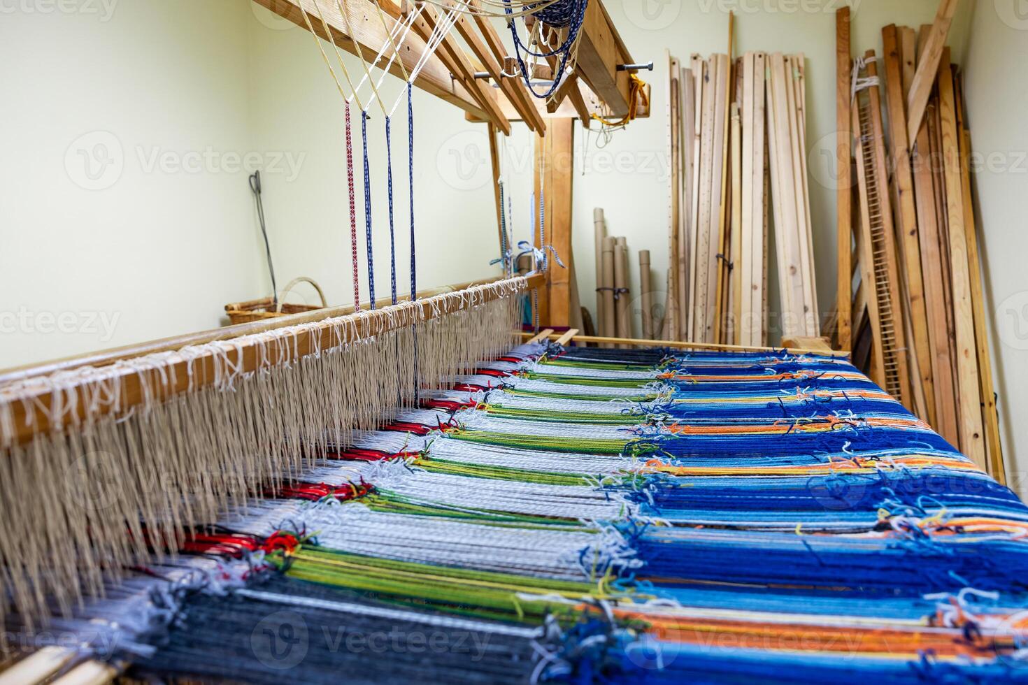 Weaving equipment Household weaving Detail of weaving loom for homemade silk Used for silk weaving or textile production of Thailand photo