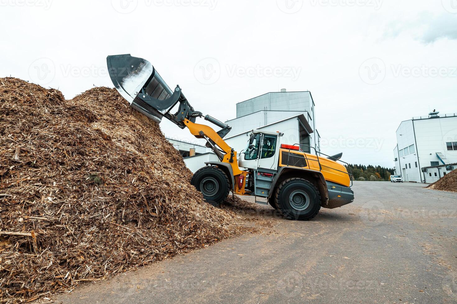 industrial wheel loader with raised bucket at a biomass power plant, handling wood chips against a backdrop of storage silos and blue sky, showcasing renewable energy resources photo