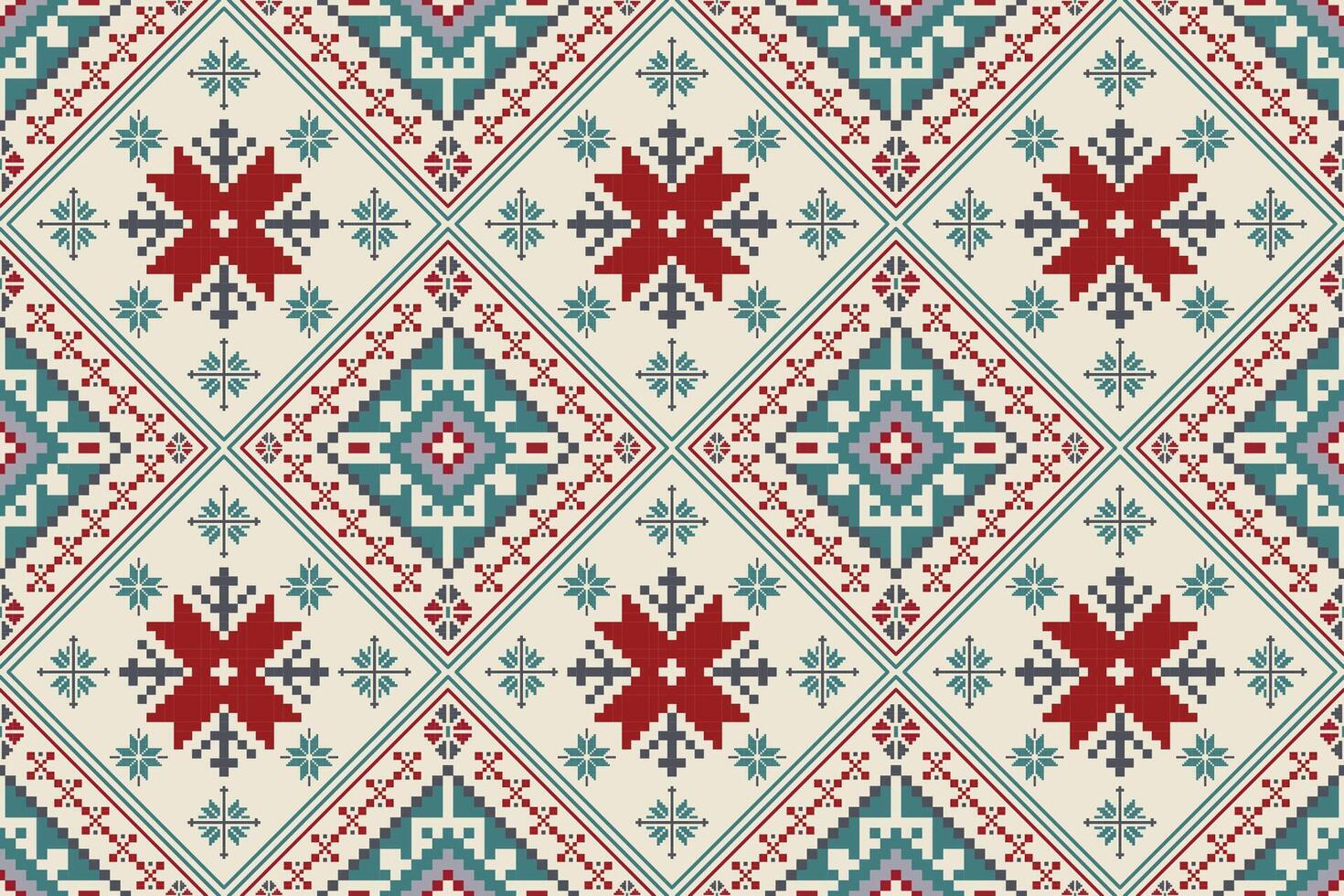 Traditional Pixel Art Seamless Pattern, Ethnic Geometric Design in Red, Blue, and White for Textile Prints, Wallpapers, Texture, Fabric, Clothing, Wrapping, Carpet vector