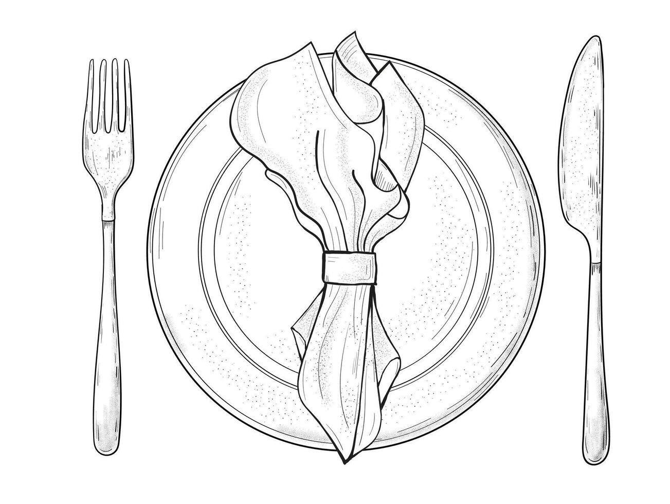 Table setting set. Fork, Knife, Spoon, plate sketch set. vector