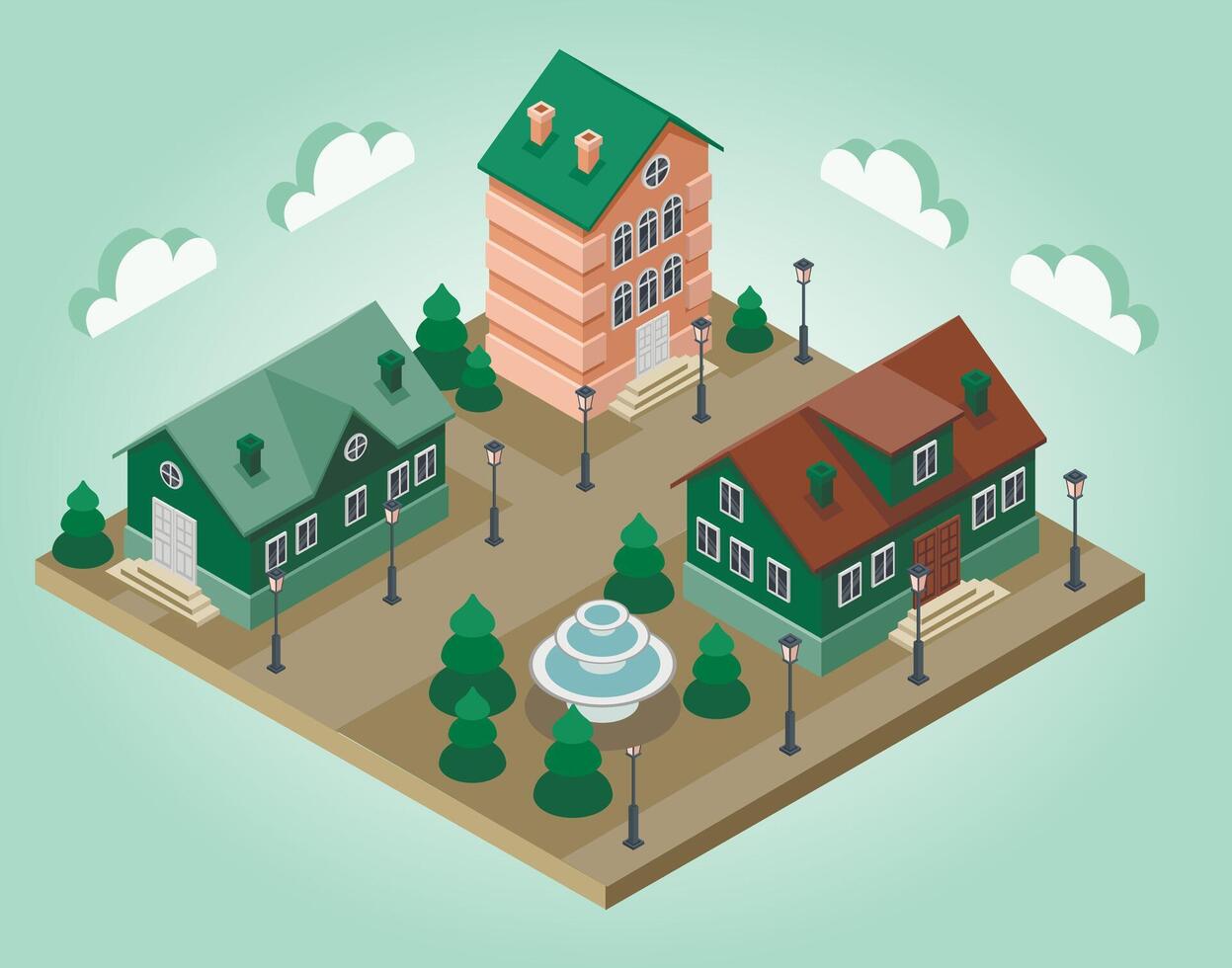 isometric street with old fashioned house vector