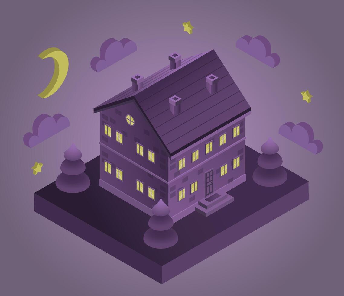 two stored house isometric 3d at night vector