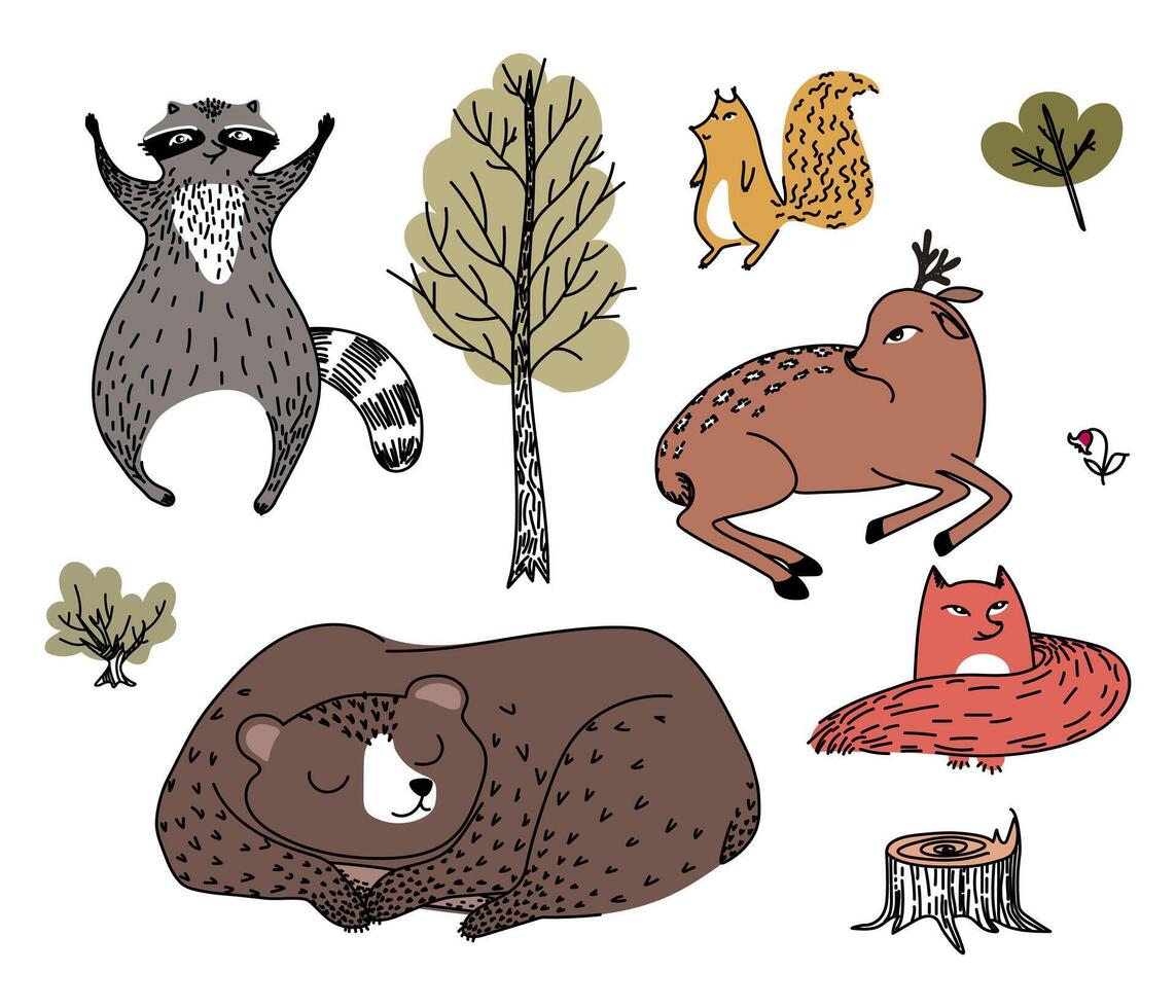 Set of autumn forest animals and plants hand drawn in doodle style. vector