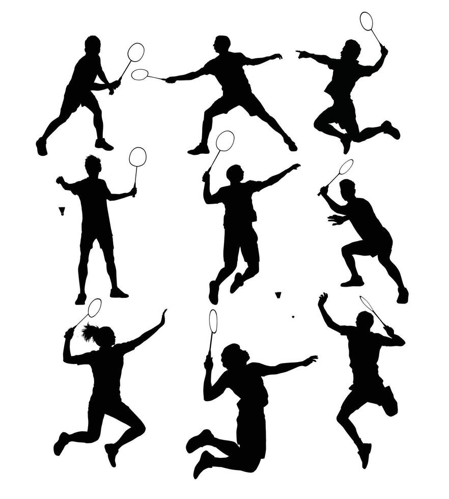 Badminton players silhouette set illustration. collection men playing badminton for background design. vector