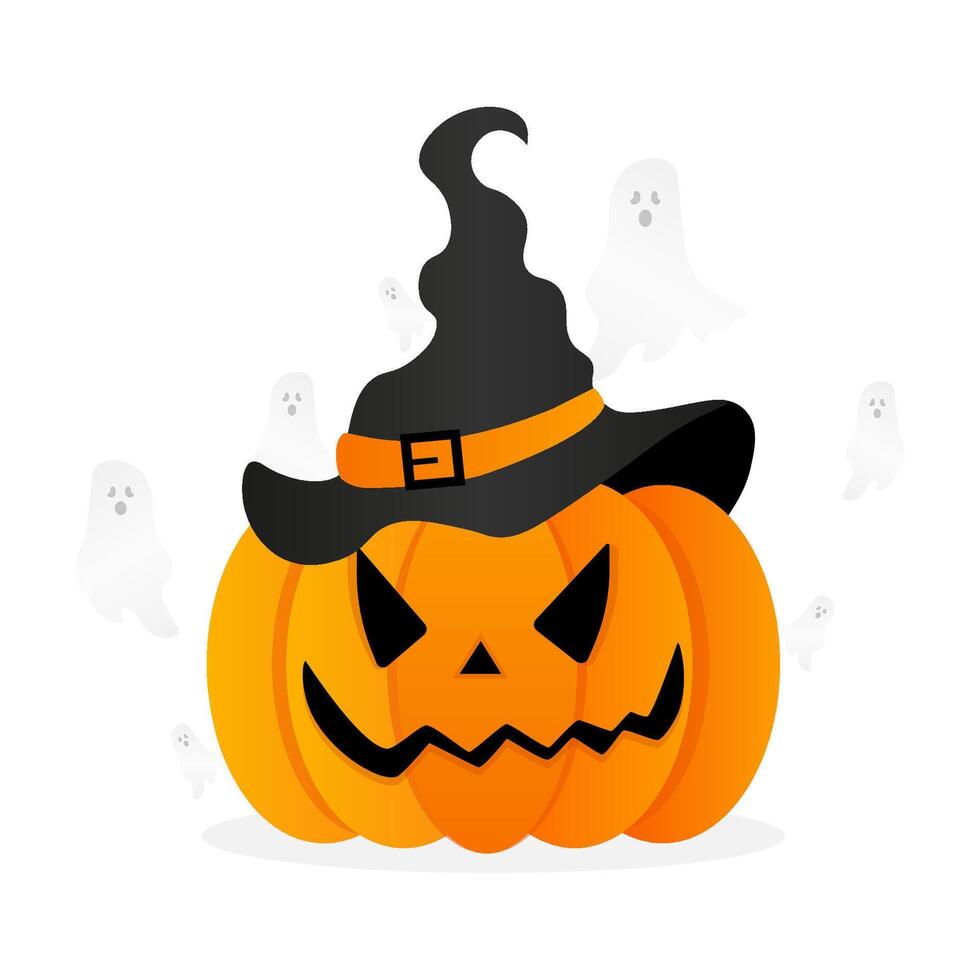 pumpkin for halloween. pumpkin in witch hat smiling with flying ghosts. illustration vector