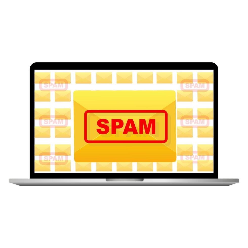 spam. Many e-mails on the monitor screen. The concept of spreading spam, unwanted messages, malicious programs. illustration vector