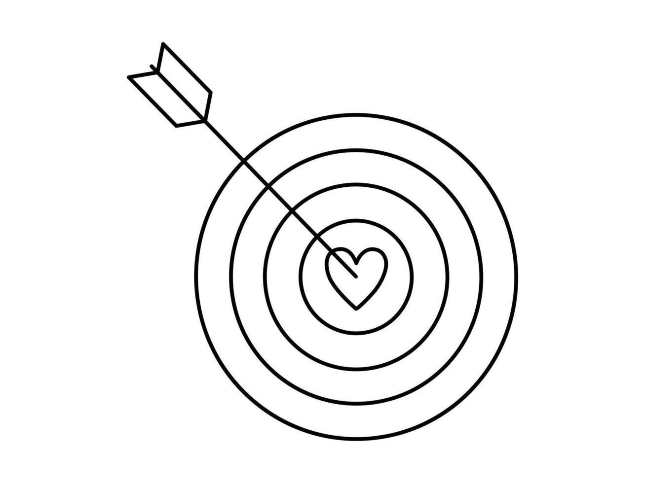 Hand drawn cute outline illustration arrow hit center of target with heart. Flat mutual feelings line art doodle style. Find perfect match icon. Dating online app print. Romantic love. Isolated vector