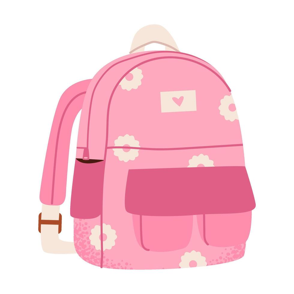 School backpack with flower print isolated on white background. Cute schoolbag for kids. vector
