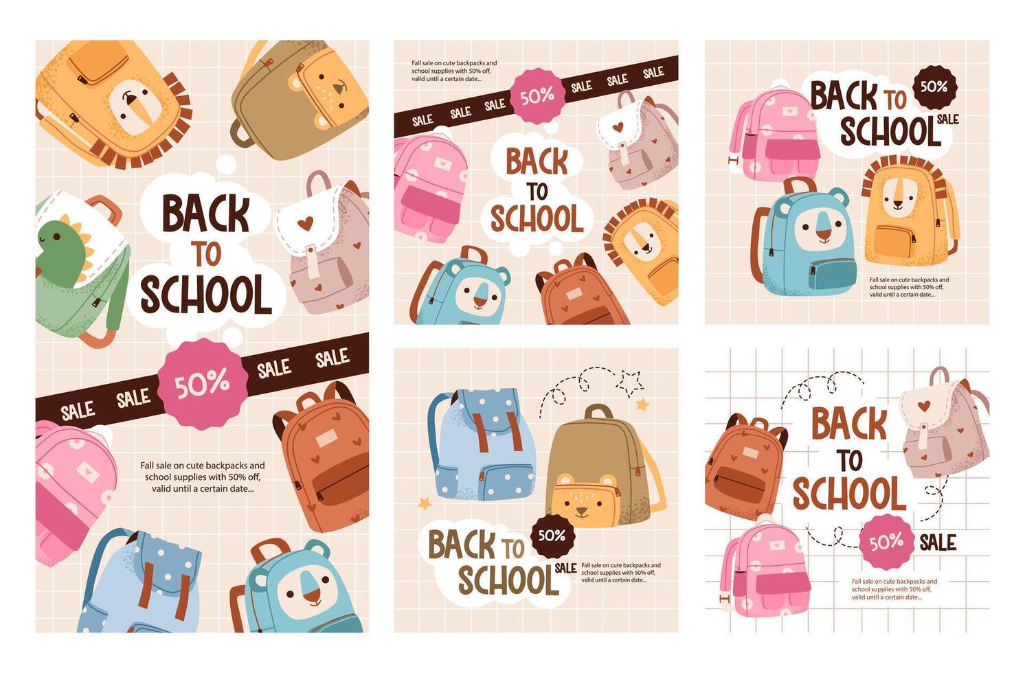 Back to school social media template set. Trendy school promotion posters with school backpacks. vector