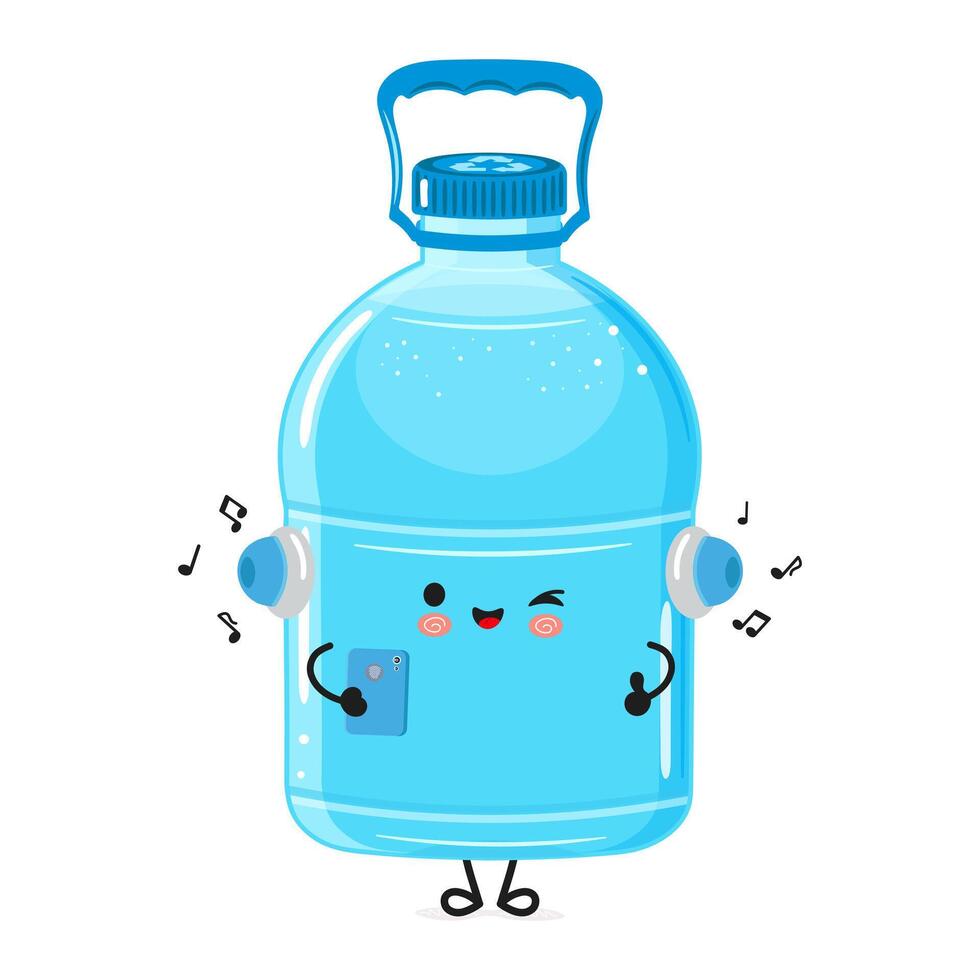 Plastic Water Bottle listens to music on headphones with a smartphone. hand drawn cartoon kawaii character illustration icon. Isolated white background. Plastic Water Bottle character concept vector