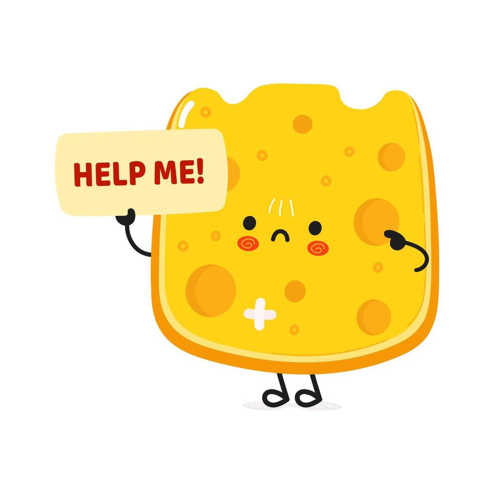 Cute sad sick Cheese asks for help character. hand drawn cartoon kawaii character illustration icon. Isolated on white background. Suffering unhealthy Cheese character concept vector