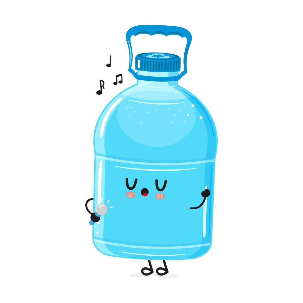 Plastic Water Bottle sings into a microphone character. hand drawn cartoon kawaii character illustration icon. Isolated on white background. Plastic Water Bottle character concept vector