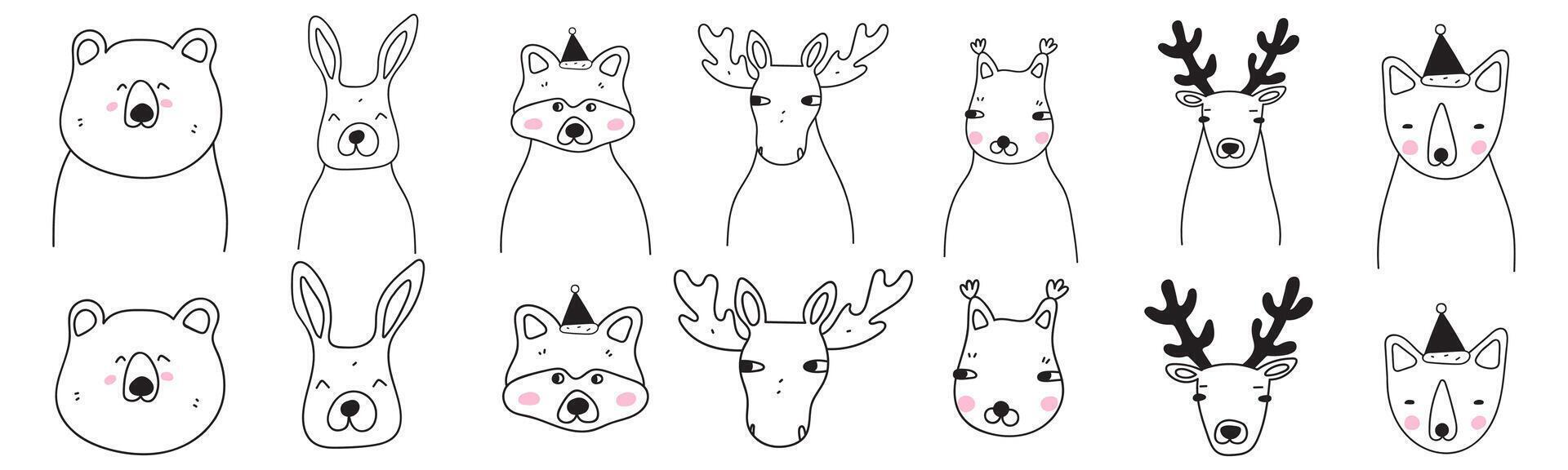 Collection of woodland animals. Simple design. Outline black and white illustrations on white background. vector