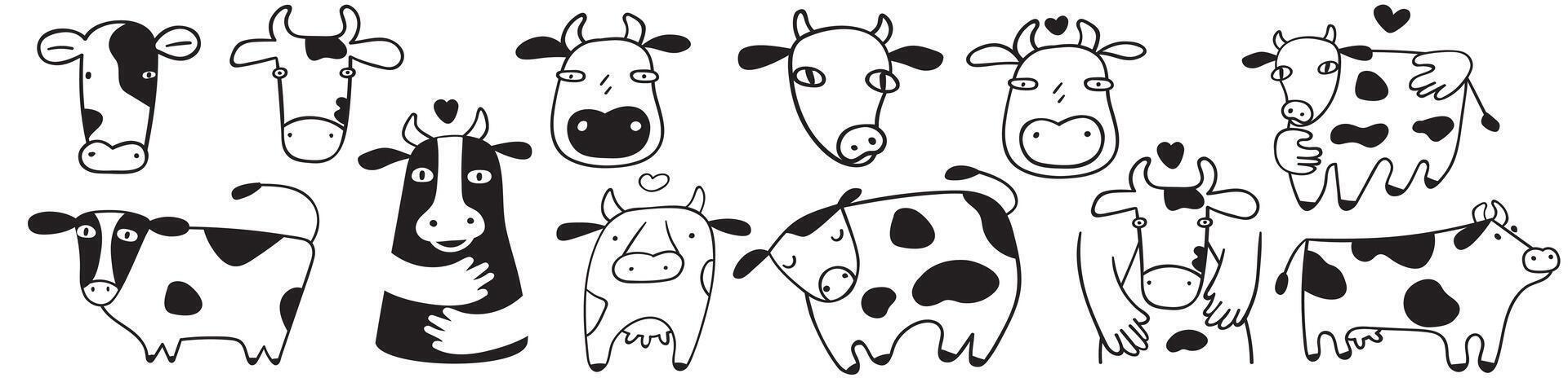 Cows. Collection of outline icons. illustrations on white background. vector