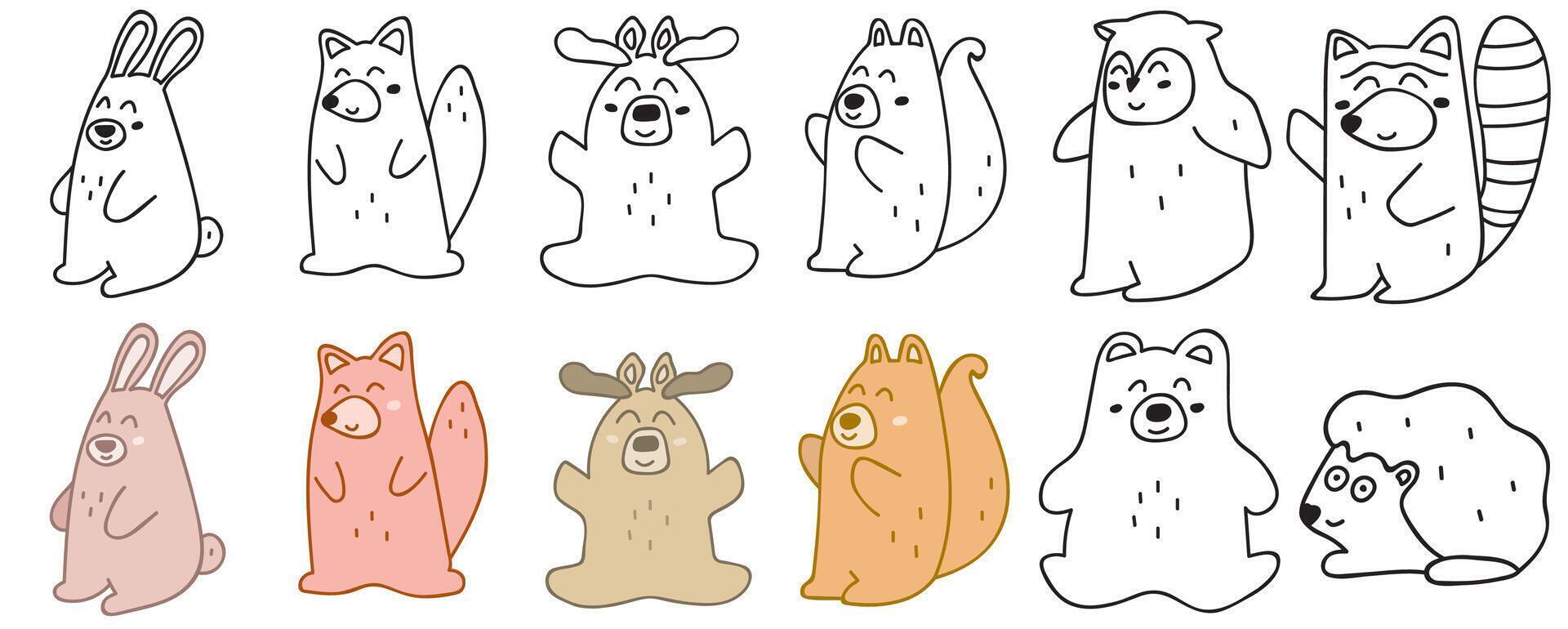 Set of hand drawn baby forest animals. Outline and flat design. Illustrations. Best for nursery, childish textile, apparel, poster, postcard. vector