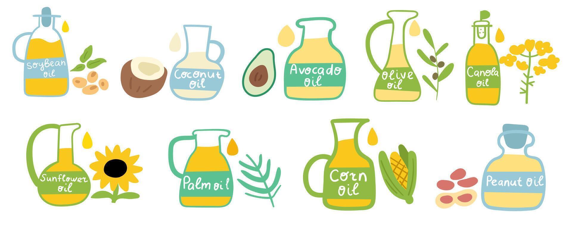 Set of cooking oils. Food illustrations. Collection of hand drawn on white background. vector