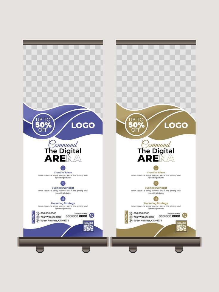Creative business agency stands roll up banner design vector